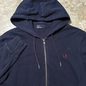 Fred Perry Hoodie Mens Medium Blue Full Zip Tipped Cotton Wreath Preppy